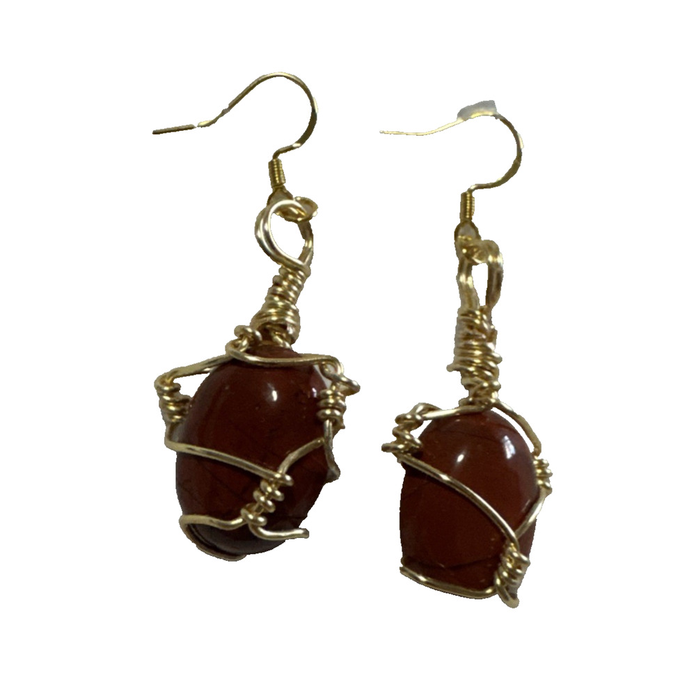 Red Carnelian Earrings Jewelry Bling Gold Tone Genuine Stone Rust Brown Pair